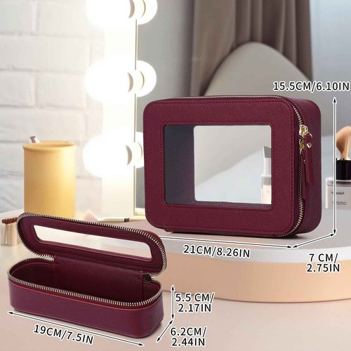 Pinkmik Travel Clear Makeup Bag with Brush Case TSA Approved Toiletry Bag Waterproof Cosmetic Organizer with Zipper Car Essential for Women (X/Burgundy, M+SLIM)