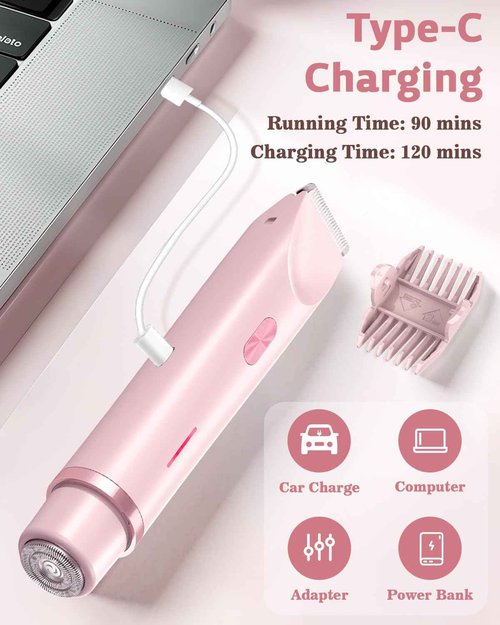 Bikini Trimmer for Women, Dual-Head Women's Electric Razor, 2-in-1 Electric Shaver for Women Pubic Hair/Legs/Arms/Underarm/Face, IPX7 Waterproof Wet/Dry Use (Rose Pink)