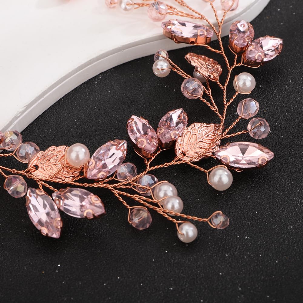 Teyglen Bride Wedding Hair Vine Bridal Leaf Crystal Headband Handmade Pink Red Black Rhinestone Pearl Hair Pieces Gold Headpieces Hair Accessories for Bride Women Girls (Pink)