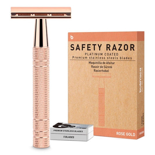 Double Edge Safety Razor, Single Blade Razors for Women, with 10 Platinum Coated Safety Razor Blades, Reusable Metal Face Razors for Men, Sustainable Safety Shaving Razor, No Plastic, Rose Gold