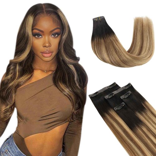 Lashey Ombre Balayage Ash Brown Highlighted Honey Blonde Seamless Clip in Hair Extensions Human Hair with Natural Black Dark Roots 4pcs 48g Highlight Effect Hair Extensions 20 Inch Straight Hair