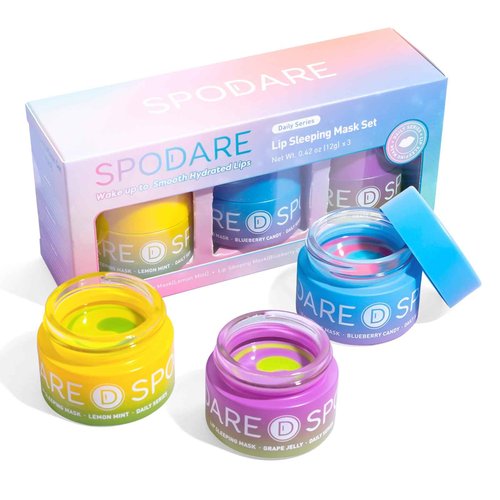 SPODARE 3-in-1 Dual-Color Sleeping Lip Mask Set – Blueberry, Grape and Lemon, Hydration & Repair for Dry Cracked Lips, Infused with Vitamin C, Lip Moisturizer for Nourishing Lips, 1.26 Fl Oz
