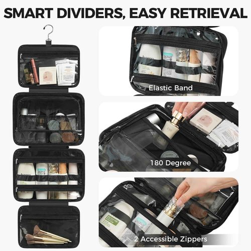 prezon Toiletry Bag For women,Portable Hanging Organizer,4 Leakproof Compartment for full-sized Conditioner, Brushes Set, Makeup Accessories,Visible and easy to access.L-black