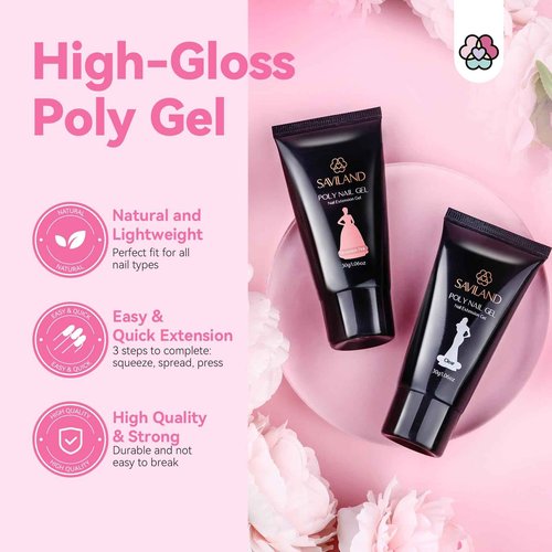 SAVILAND Poly Gel Nail Kit: 2PCS 30ML Clear & Nude Colors with Slip Solution U V Lamp Nail Dehydrator Non-acid PH Bond Protector Stickers Nail Extension Starter Kit Long-Lasting Manicure for Beginners