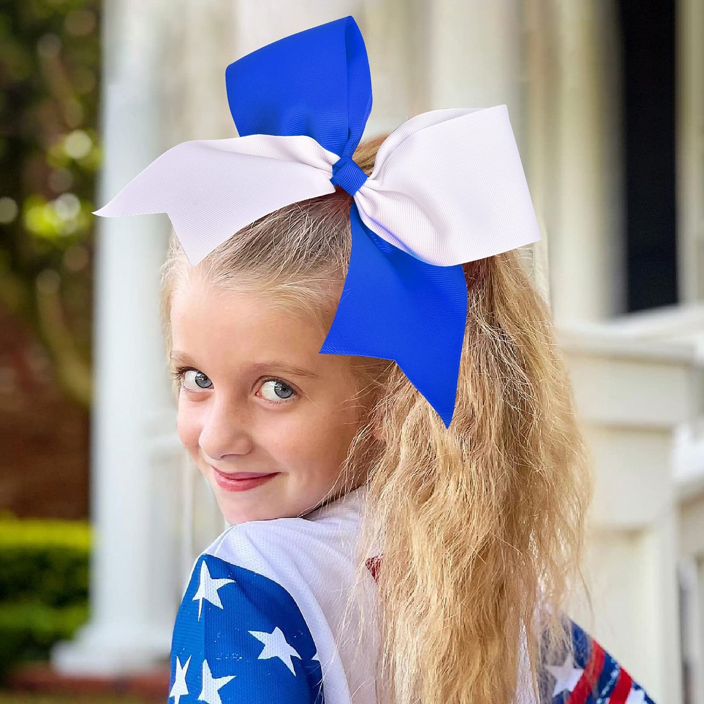 8" Large Cheer Bows Ponytail Holder 12PCS Girls Elastic Hair Ties Navy White Accessories for women youth toddler football Competition Sports