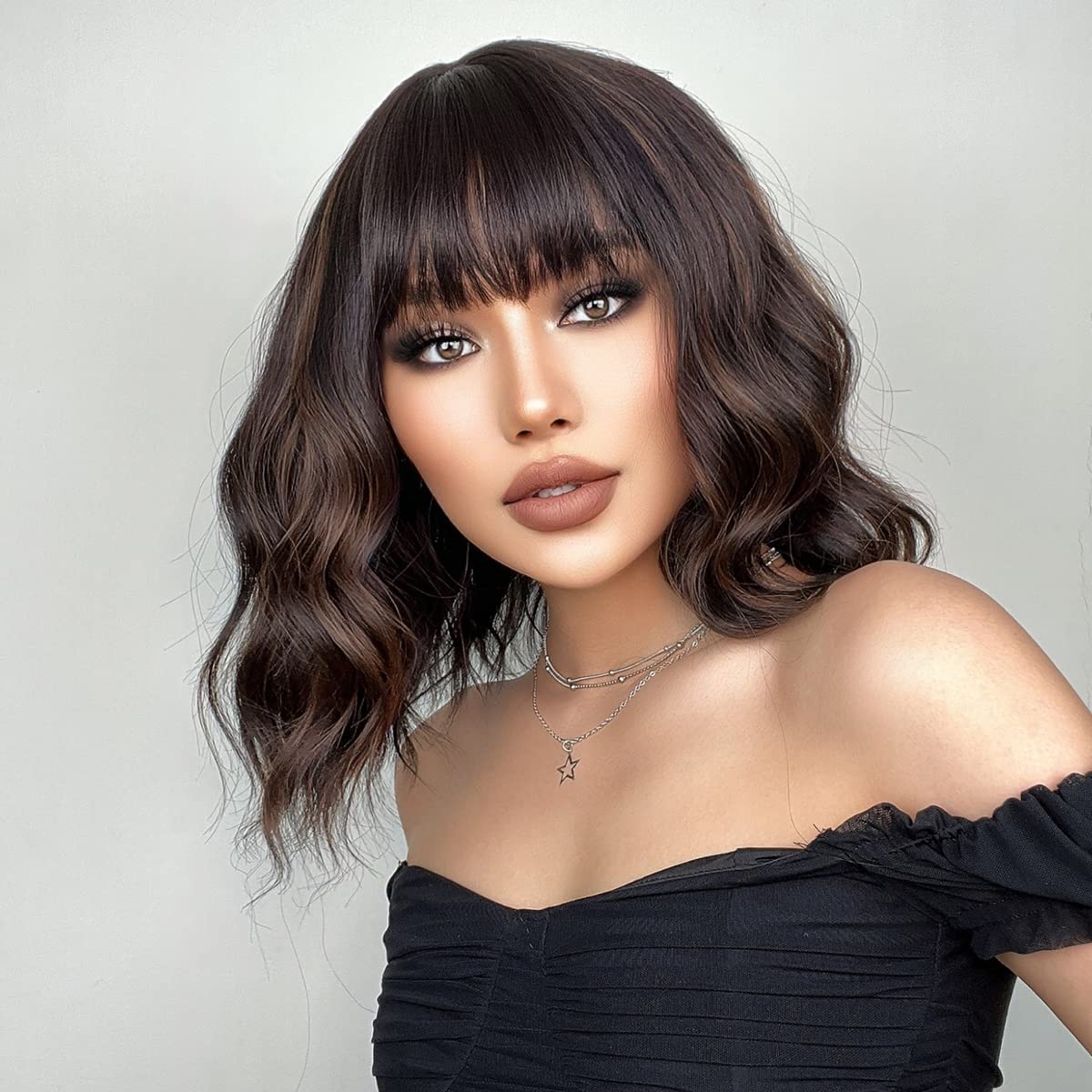 MAGQOO Dark Brown Wig Women Brown Highlight Wig Dark Brown Bob Wig Short Curly Wavy Dark Brown Wig with Bangs Synthetic Heat Resistant