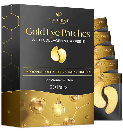 PLANTIFIQUE V-Line Collagen Mask for face 10 PCS Chin Strap for Double Chin Women & Men and Gold Under Eye Patches for Puffy Eyes and Dark Circles 20 Pairs Under Eye Masks for Dark Circles