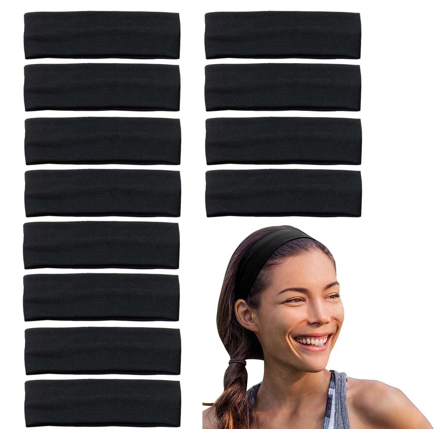 Stretchy Headbands for Women - Yoga Headbands - Sports Headbands - 2-inch-Wide Black Headband - 12 Pack Cotton Headbands by Coveryourhair