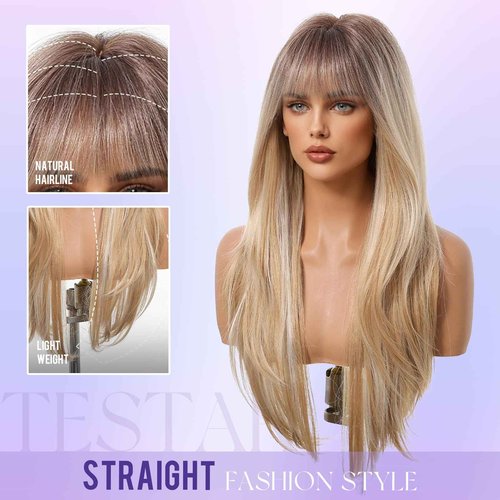 testar Long Blonde Straight Wigs With Bangs Long Ombre Blonde Synthetic Layered Wigs for Women Daily Use 26IN