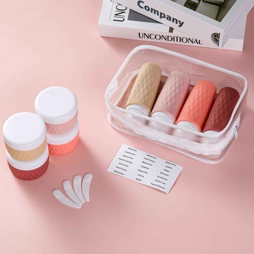 kuangre 8 Pack Travel Bottles for Toiletries - 3 OZ / 90 ML, | Leak Proof Silicone Containers with Clear Bag, Travel Size Toiletries for Lotions, Creams, Foundation, Shampoo, body wash and More |