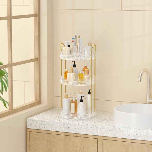 BOCONY Rotating Makeup Organizer for Vanity 3 Tier, Perfume Organizer with Makeup Brush Holder, Large Capacity Cosmetics Clear Skincare Organizer for Countertop (Transparent)