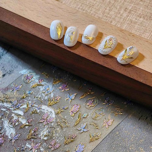 1 Sheets Spring Nail Decals for Nail Art Bronzing Flower Nail Art Stickers Self-Adhesive Butterfly Nail Decals Gold Butterfly Floral Nail Design Decals for Women Nail Supplies