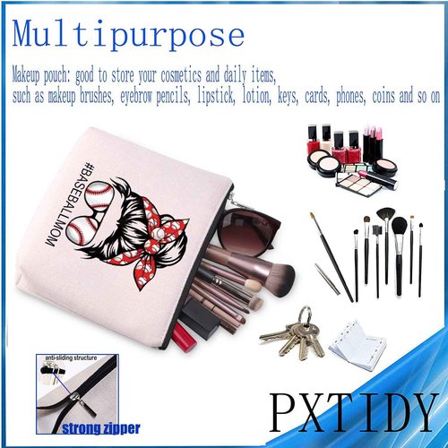 PXTIDY Baseball Mom Makeup Bag Baseball Player Mother Zipper Pouch Athlete Mom Season Cosmetic Travel Toiletry Bag for Softball Mom Gift Baseball Mama Gift (beige)