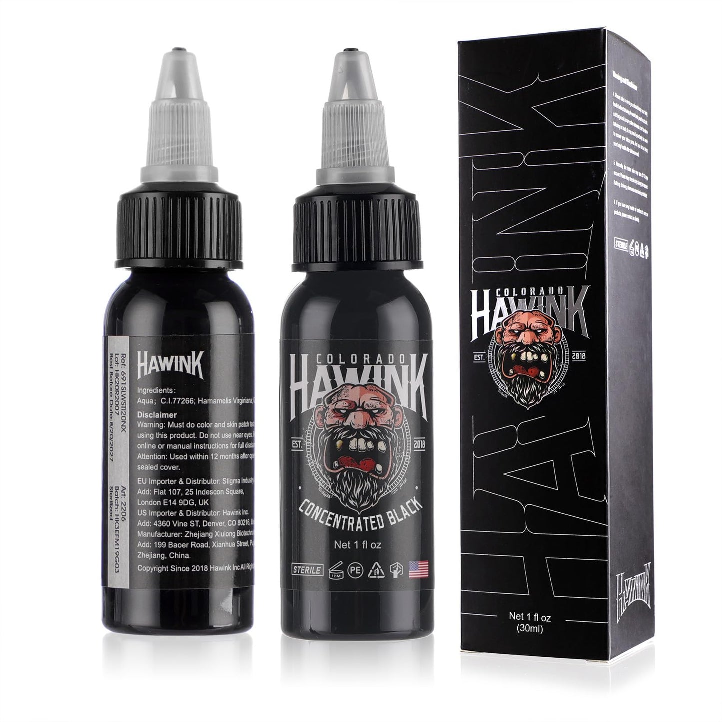 HAWINK Black Tattoo Ink 1 oz (30ml) Vegan-Friendly USA Standard Pigment Tattoo Supplies True Black TI203-30-001