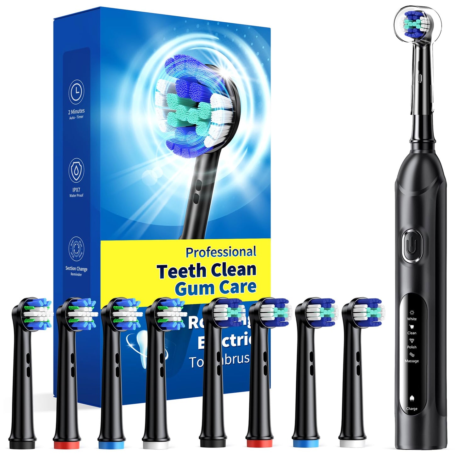 TEETHEORY Rotating Electric Toothbrush for Adults with 8 Brush Heads (2 Types), 4 Modes Deep Clean Electric Toothbrush with Rechargeable Power and 2 Min Smart Timer (7-SkyBlue, p1)