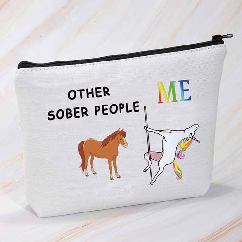 MBMSO Sobriety Gifts Funny Sober Gifts Makeup Bag Other Sober People Unicorn Sober Cosmetic Travel Bag Soberversary Gifts (Other Sober People Me white)