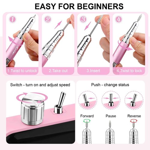 Kredioo Portable Nail Drill 35000 RPM, Rechargeable Electric Nail File E File Kit with Storage Bag Professional Manicure Kit for Nail Lovers Salon Home DIY-Pink