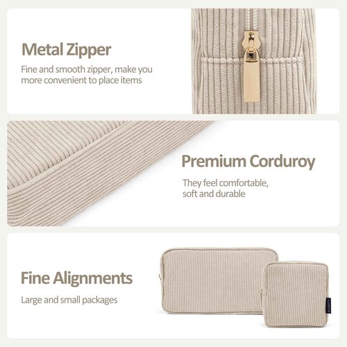 MAGEFY Makeup Bag for Purse, 2 Pcs Corduroy Cosmetic Bag for Girls Women Small Travel Makeup Pouch with Zipper(Beige)