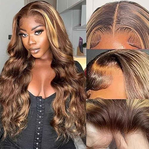 Lagalaga 20 Inch Color P4/27 Body Wave Wigs Human Hair Highlight Blonde Wis 200% Density Highlight Lace Frontal Wig 4x4 Lace Closure Wig Human Hair Pre Plucked For Black Women