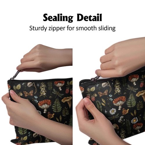 Cafl Vintage Woodland Makeup Bag Travel Large Mushroom Fern Cosmetic Bag Organizer toiletry Essentials Jewelry Skincare Zipper Bag For Women -10×8 inch