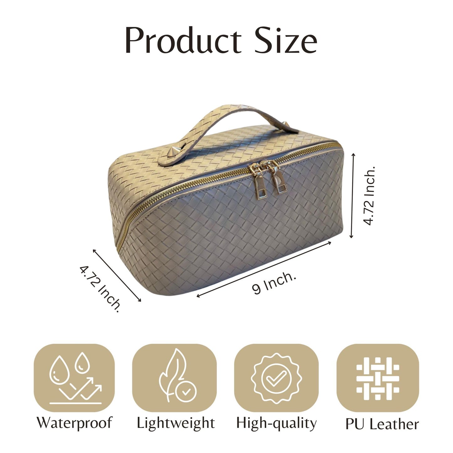 Large Capacity Travel Makeup Bag, Waterproof PU Leather Toiletry Bag for Women, Travel cosmetic bag with handle and divider. Large Cosmetic Organizer for Women. (Beige)