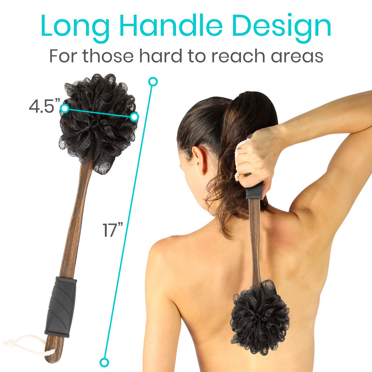 Vive Shower Loofah with Handle (17”) - Lufa on a Long Stick - Luffa Bath Sponge for Men & Women - Back Cleaner, Body Scrubber for Cleansing and Exfoliating - includes Hook & String to Hang on Wall