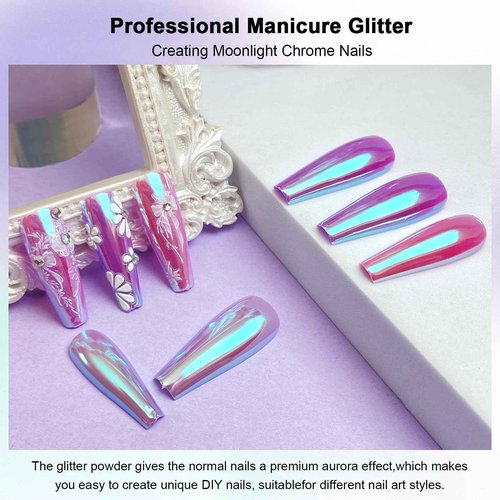 Laza Unicorn Chrome Nail Powder Glazed Donut Nails Metallic Mirror Effect Pigment Shimmer Pearl Powder Iridescent Nail Glitter Fairy Dust for Nail Art Supplies Gel Polish Manicure – Moonlight Unicorn