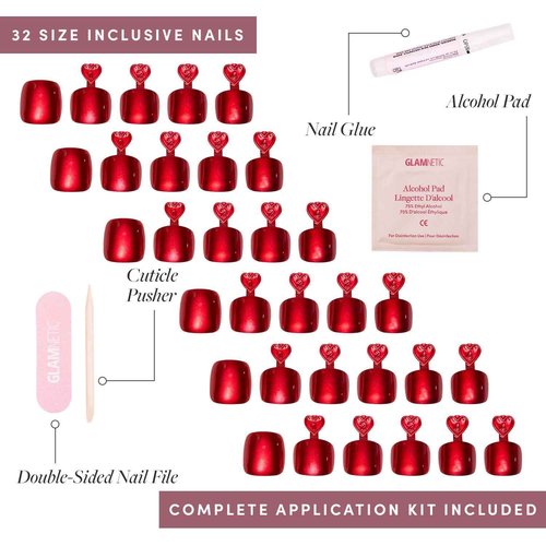Glamnetic Press On Nails & Toenails - Cherry Glaze | Short Round Bright Cherry Red Nails with a Glaze Finish | 15 Sizes - 30 Nail Kit with Glue & 16 Sizes - 32 Toe Nail Kit with Glue