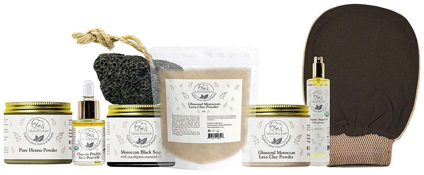 Natural Elephant Moroccan Black Soap 200g (7oz) and 2 Pack Exfoliating Hammam Glove Combo (Black and Orange)