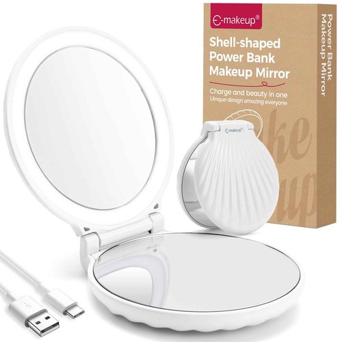 Compact Makeup Mirror with Lights Travel Vanity Mirror with Lights Small Compact Mirror 2x/10x Magnification & LED Lighted, Magnifying Mirror Portable Adjustable Rechargeable, White