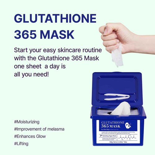 Color Deep Glutathione 365 Mask(1pack, 30sheets, 360g)/ 99% Pure Glutathione, 100% Plant-Based Vegan Sheet quick all-in-one skin solution mask with hydration, illuminating, and wrinkle care functions