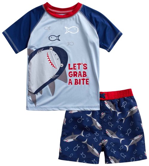 Quad Seven Baby Toddler Boys Swim Set - 2 Piece Swim Trunks and Boys Rash Guard Short Sleeve Kids Swimwear (Sizes: 12M-7), Size 3T, Blue Shark Bite