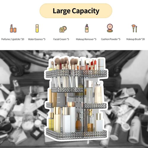 BOCONY Rotating Makeup Organizer, Large Capacity Cosmetic Display Case, Acrylic Skincare Organizer with Makeup Brush, Makeup Storage Organizer for Dresser Countertop and Bathroom Vanity - Grey
