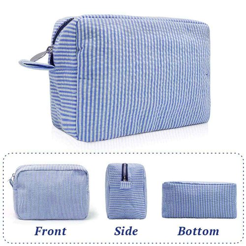 Seersucker Cosmetic Bag, Large Makeup Pouch Travel Toiletry Case with Zipper Closure Seersucker Cosmetic Organizer for Women Girls