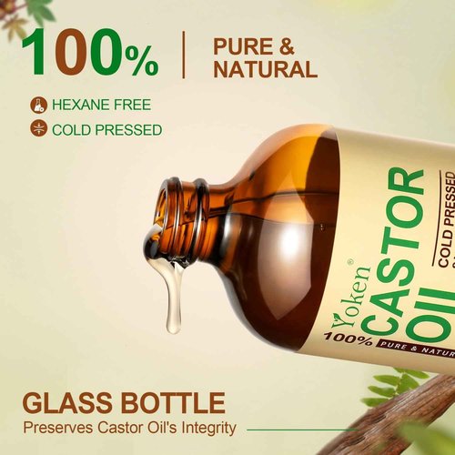 Yoken Organic Castor Oil in Glass Bottle 16 fl oz & Vitamin E Oil 8 fl oz Set | 60,000 IU Vitamin E oil for Scars Skin, Hexane Free Cold Pressed Castor Oil for Hair, Eyelashes, Face, Body Moisturizer
