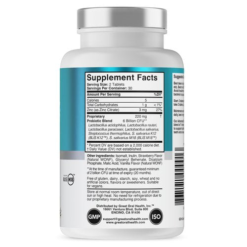 Oral Probiotics for Mouth Bad Breath Treatment for Adults; Dentist Formulated Dental Probiotics for Teeth and Gums, Chronic Halitosis with BLIS K12 M18, Chewable Oral Health Tablets Strawberry Vanilla