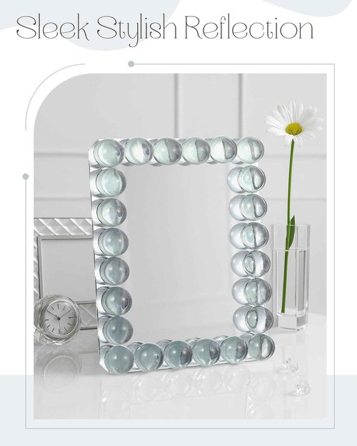 Wonderjune 9.45 x 7.09 Inch Vanity Table Mirror Bubble Crystal Framed Desk Makeup Mirror Beaded Standing Room Decor for Dressing Tabletop Living Room Bedroom Office Home