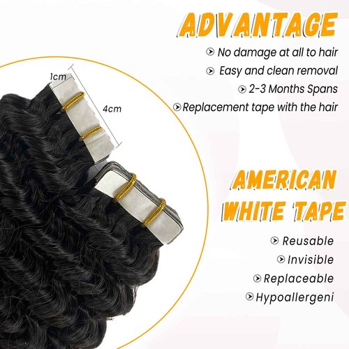 Curly Tape ins 20 pcs Kinky Curly Tape in Hair Extensions Human Hair Natrual Black for Women 16 Inch 50G
