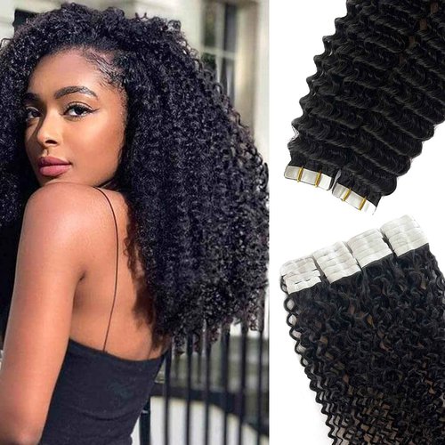 Curly Tape ins 20 pcs Kinky Curly Tape in Hair Extensions Human Hair Natrual Black for Women 18 Inch 50G