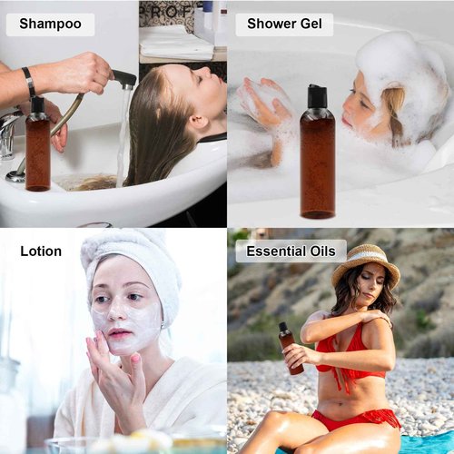 ZLEVEAYN 2 Pack 8 oz Amber Plastic Squeeze Bottles with Black Disc Caps Refillable Empty Travel Containers Bottles for Shampoo Conditioner Toiletries Lotions Oils BPA Free