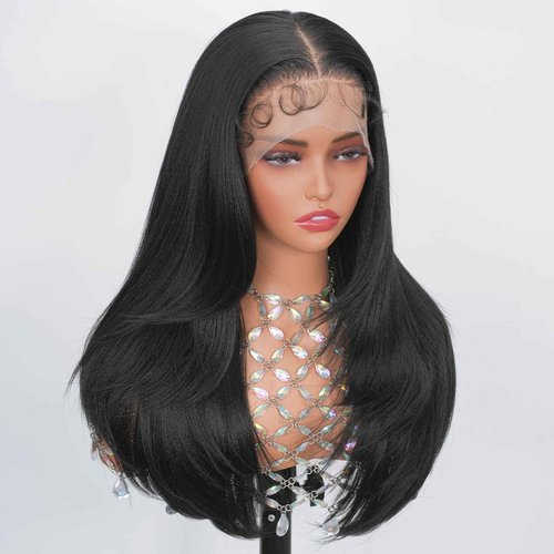 Looxey Lace Front Wigs for Black Women 13X6 Long Layered Straight Wig with Baby Hair Synthetic Hair Soft As Human Hair 24 Inch 1B Black Pre Plucked Bleached Knots Glueless Wig