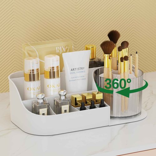 NATURE'S SOURCE Rotating Makeup Organizer Countertop for Vanity with Makeup Brush Holder, Large Capacity, Grid Design, 360° Rotatable Skincare Organizer Perfume Tray for Dresser, Bathroom (White, 1T)