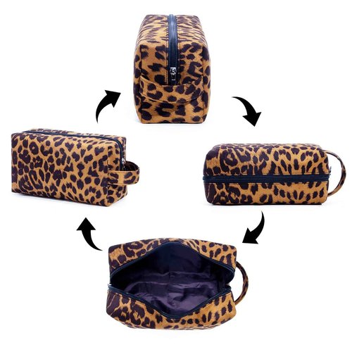Large Capacity Makeup Bags, 2 Pieces, Leopard Print, Cosmetic Travel Toiletry Organizer Bag, Soft and Warm Material (Brown)
