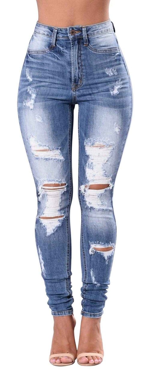Women's High Waisted Distressed Stretch Jeans - Ripped Butt Lift Denim Pants, Light Blue, Size 2