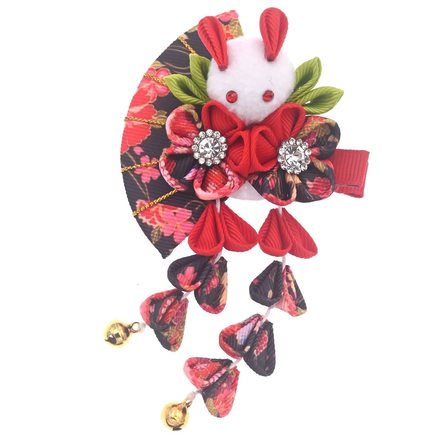 Japanese Hair Clips Kimono Flower HairPin, Women Girls Kimono Hanfu Rabbit Hair Accessories Kanzashi Flower Hair Tie Band Clip Gift (Black)