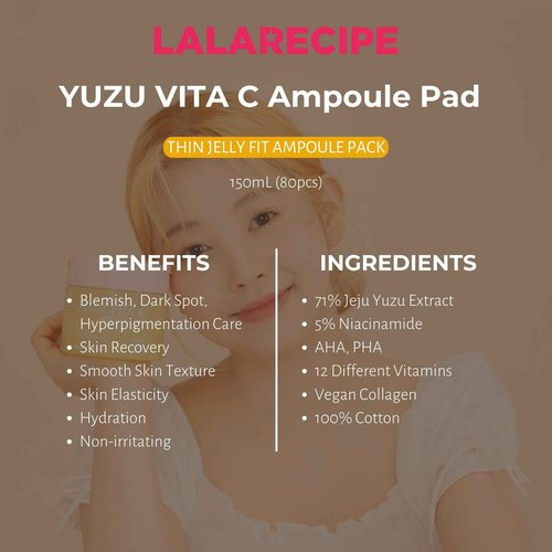 LALARECIPE Yuzu Vita C Ampoule Pads – Korean Jelly Glow with AHA, PHA, Niacinamide & Vegan Collagen – Exfoliating & Brightening Toner for Radiant Skin (80 Pads)
