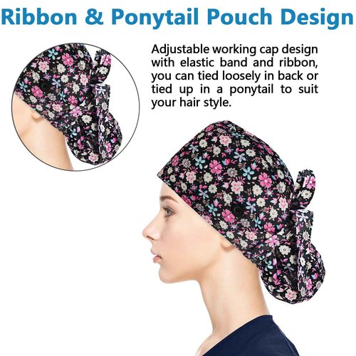 Adjustable Working Caps with Button & Sweatband, Women Ponytail Pouch Hats, Long Hair (Red Flower+Black)