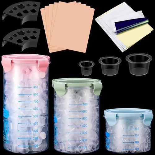 Jingmore 1015 Pcs Tattoo Skin Practice Kit Included 1000 Tattoo Ink Caps 3 Storage Containers 2 Ink Cup Holders 5 Practice Skins 3mm 5 Paper Transfer for Tattoos Supplies