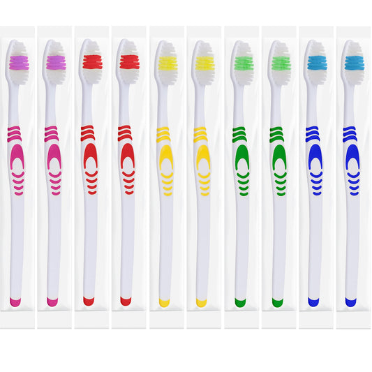 Bulk Toothbrushes - Individually Wrapped, Manual Disposable Travel Toothbrush Set for Adults or Kids, Made with a Medium-Soft Large Head, Travel Toiletry Oral Set (10-Pack, Multicolor)