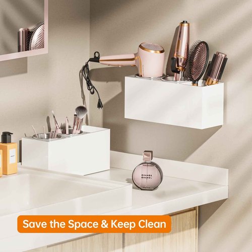 YUNEASELF Hair Tool Organizer Acrylic: Hair Dryer Holder Wall Mount - Blow Dryer Holder Cabinet Door - Bathroom Countertop Organizer for Curling iron Hot Styling Tools Flat Iron - White